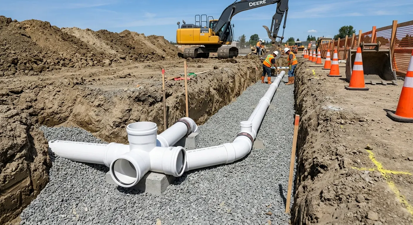 New PVC sewer pipe installation in open trench for Sewer Camera Inspection in Jefferson City