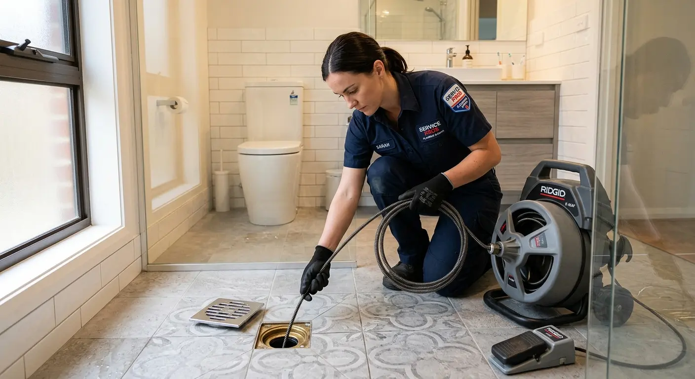 Technician clearing a bathroom floor drain for Sewer Line Installation in Jefferson City